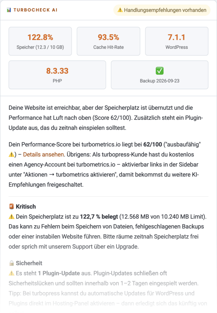 turbocheck AI Bericht im turbopress Kundenpanel