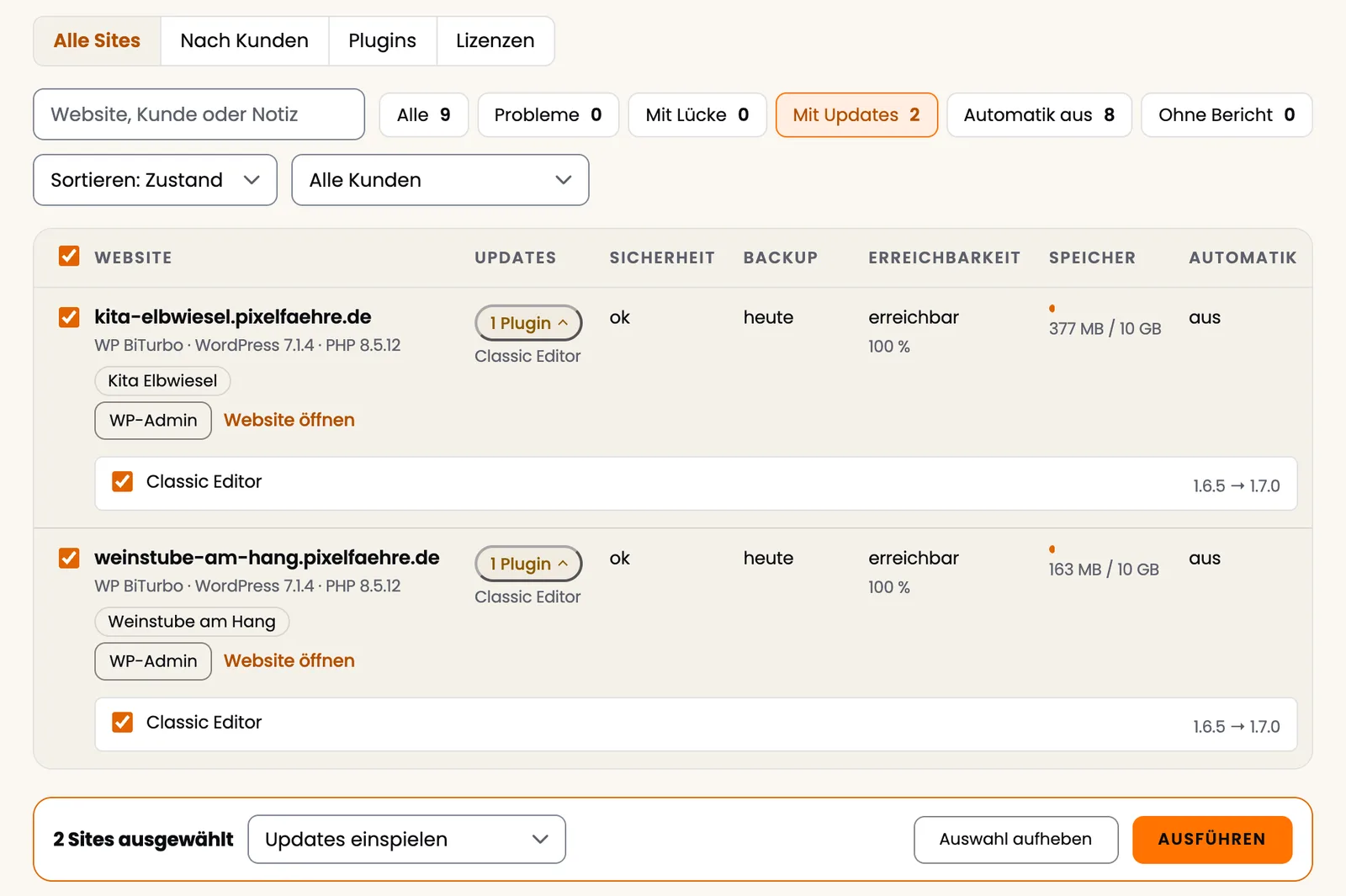 Updates auf zwei Kundenseiten ausgewählt, unten die Leiste zum Ausführen