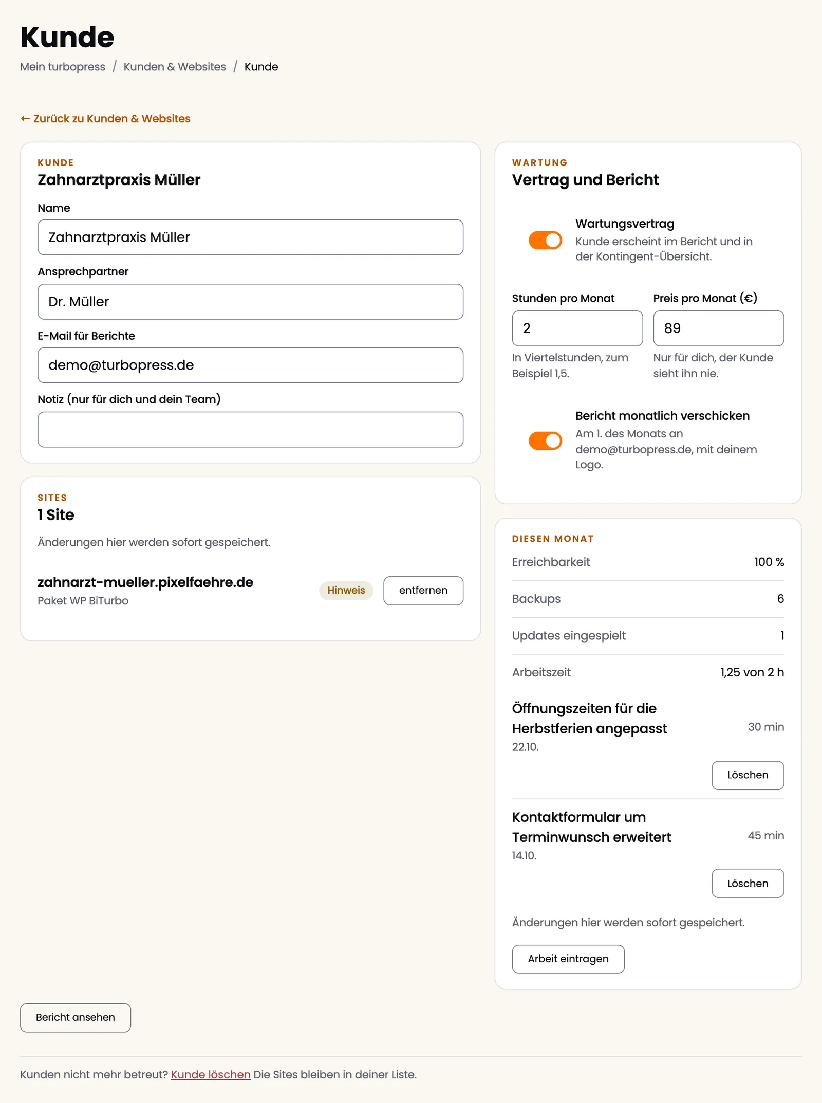Kundenseite mit Wartungsvertrag, Stunden und Arbeiten