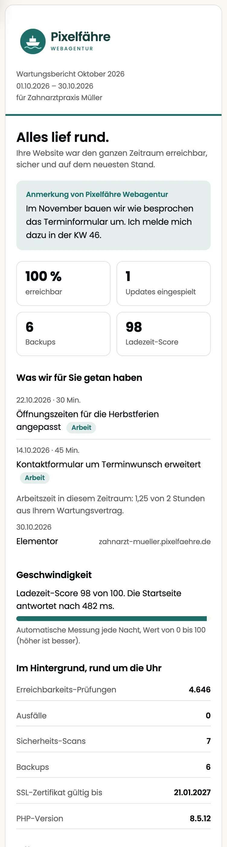 Derselbe Wartungsbericht auf dem Smartphone