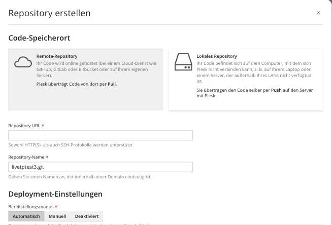 Plesk Panel: Git-Repository anlegen, Remote-Repository bei GitHub oder GitLab mit automatischem Deployment