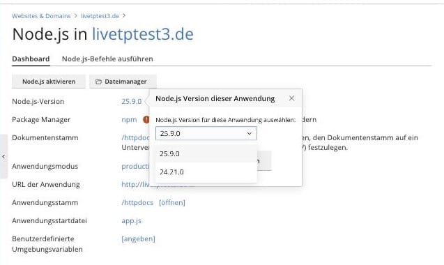 Plesk Panel: Node.js-Version für eine Anwendung wählen, zur Auswahl 25.9.0 und 24.21.0 (LTS)