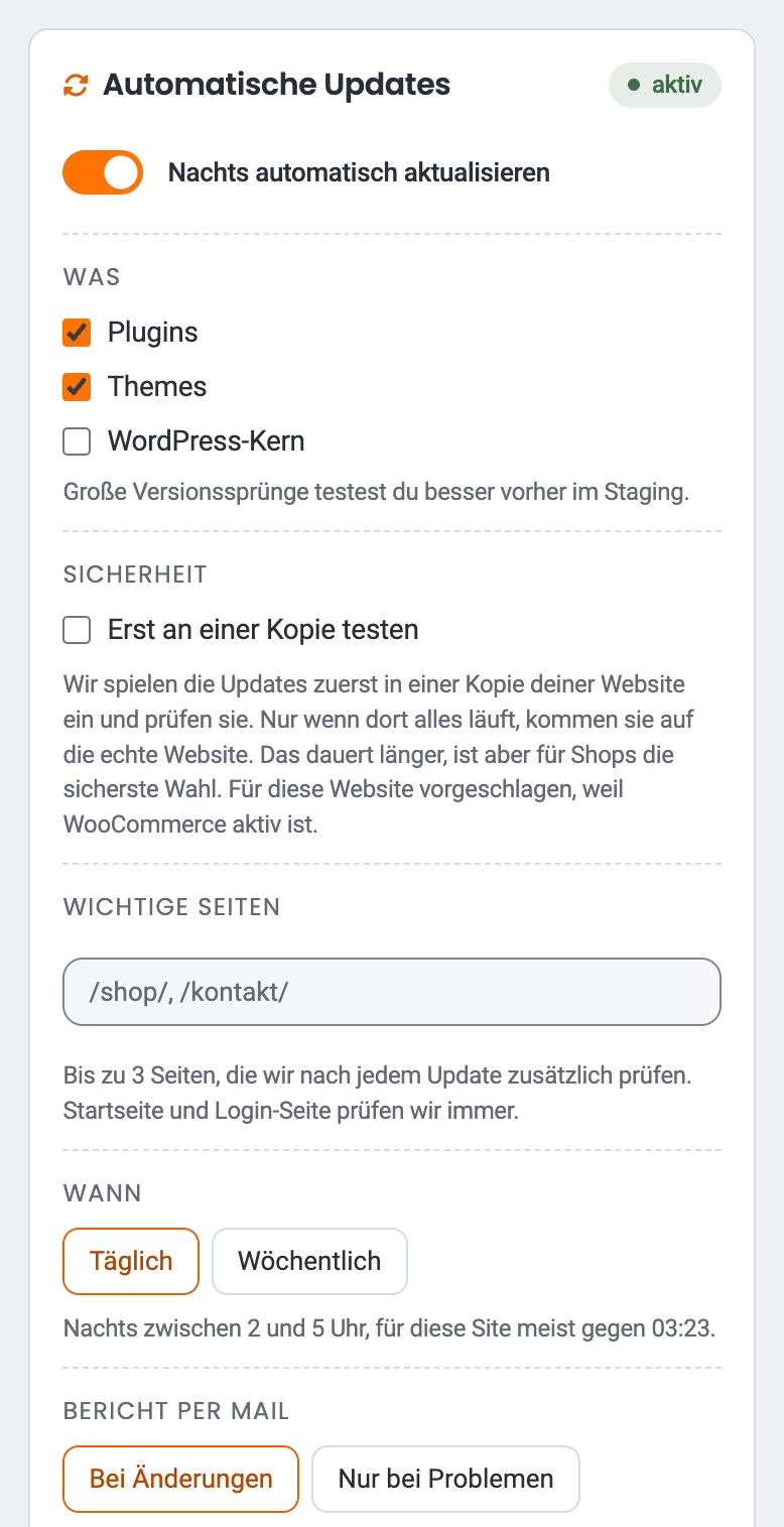 Karte Automatische Updates im WP-Cockpit mit Einstellungen und letzten Läufen