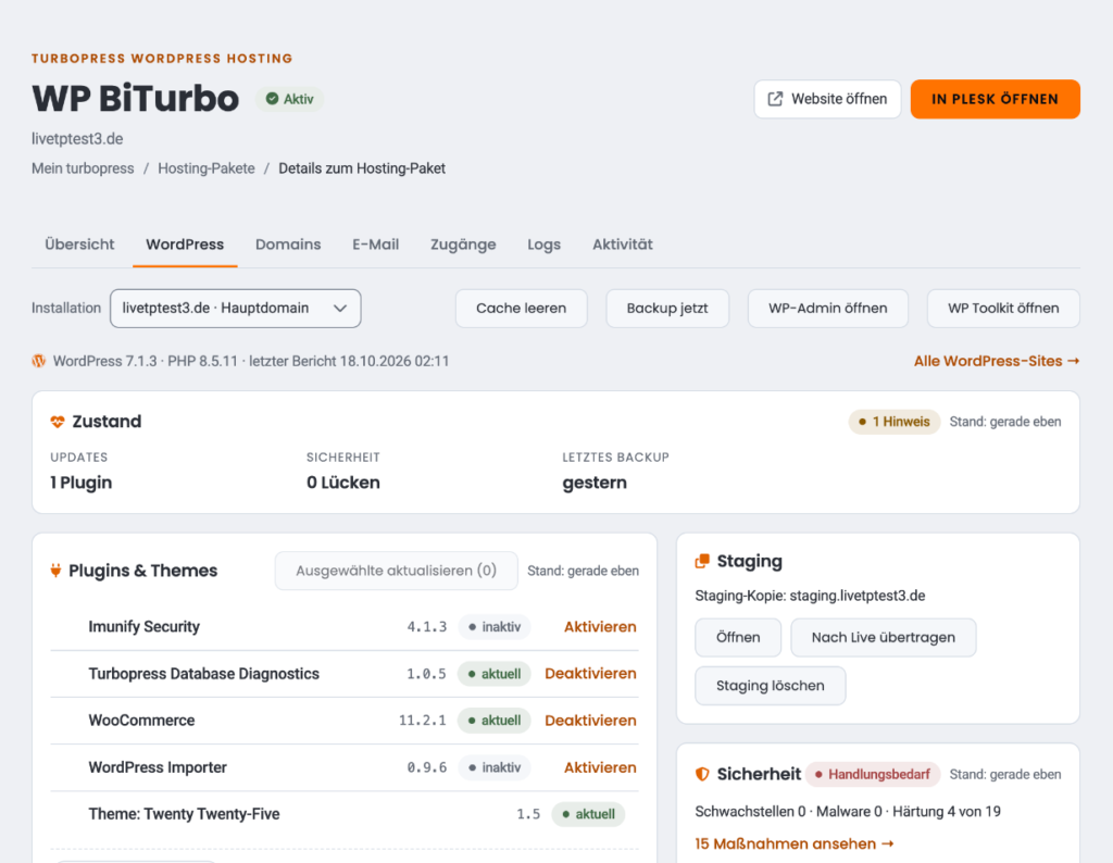Reiter WordPress im turbopress Panel mit Zustand, Plugins, Staging und Sicherheit