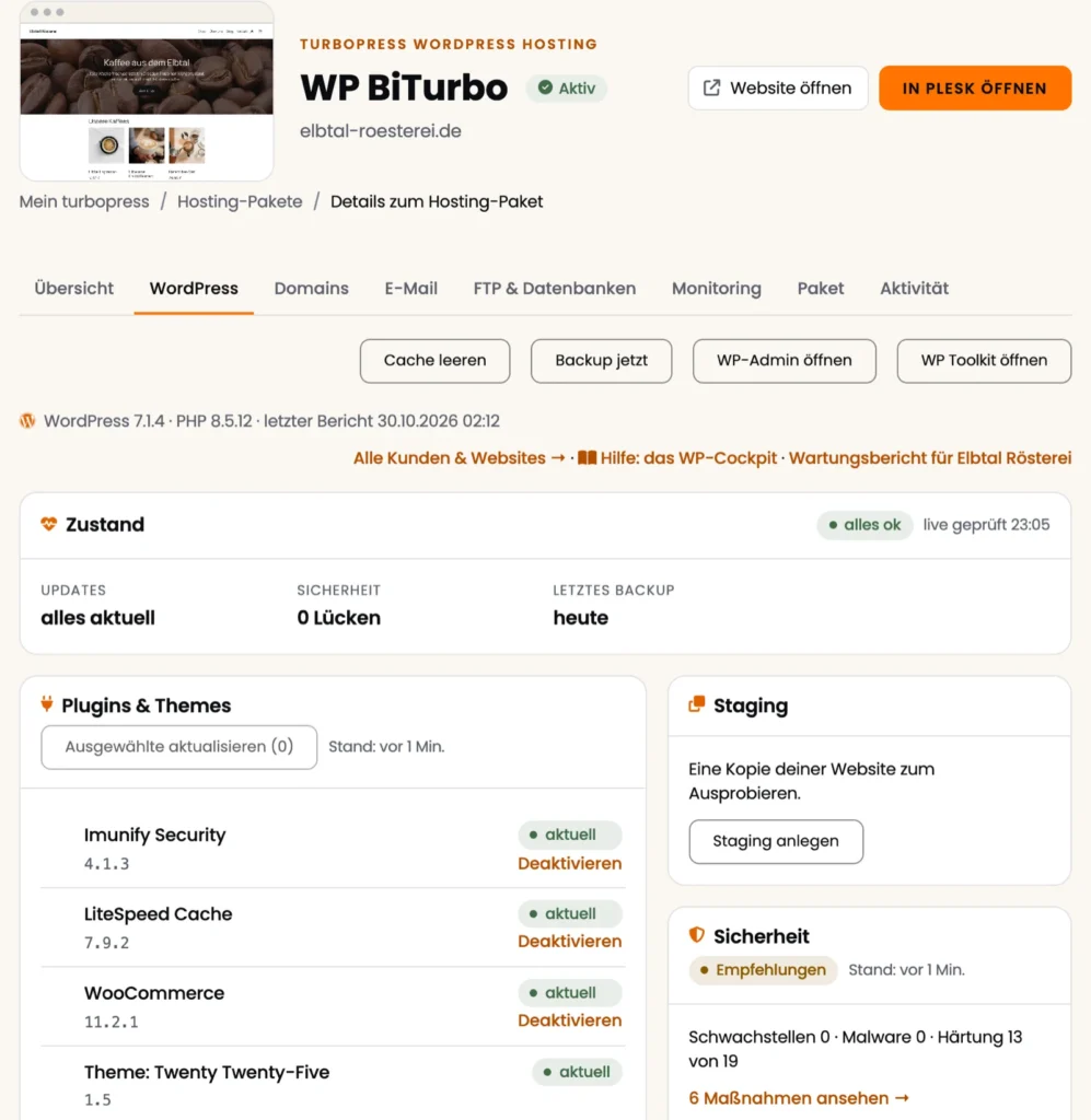 Reiter WordPress im turbopress Panel mit Zustand, Plugins & Themes, Staging und Sicherheit