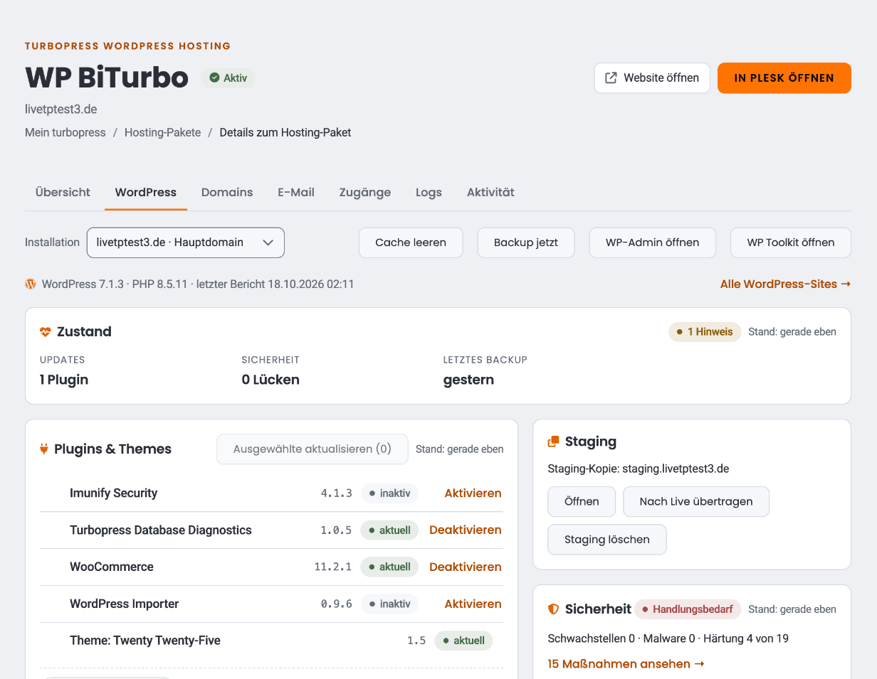 Reiter WordPress im turbopress Panel mit Zustand, Plugins, Staging und Sicherheit