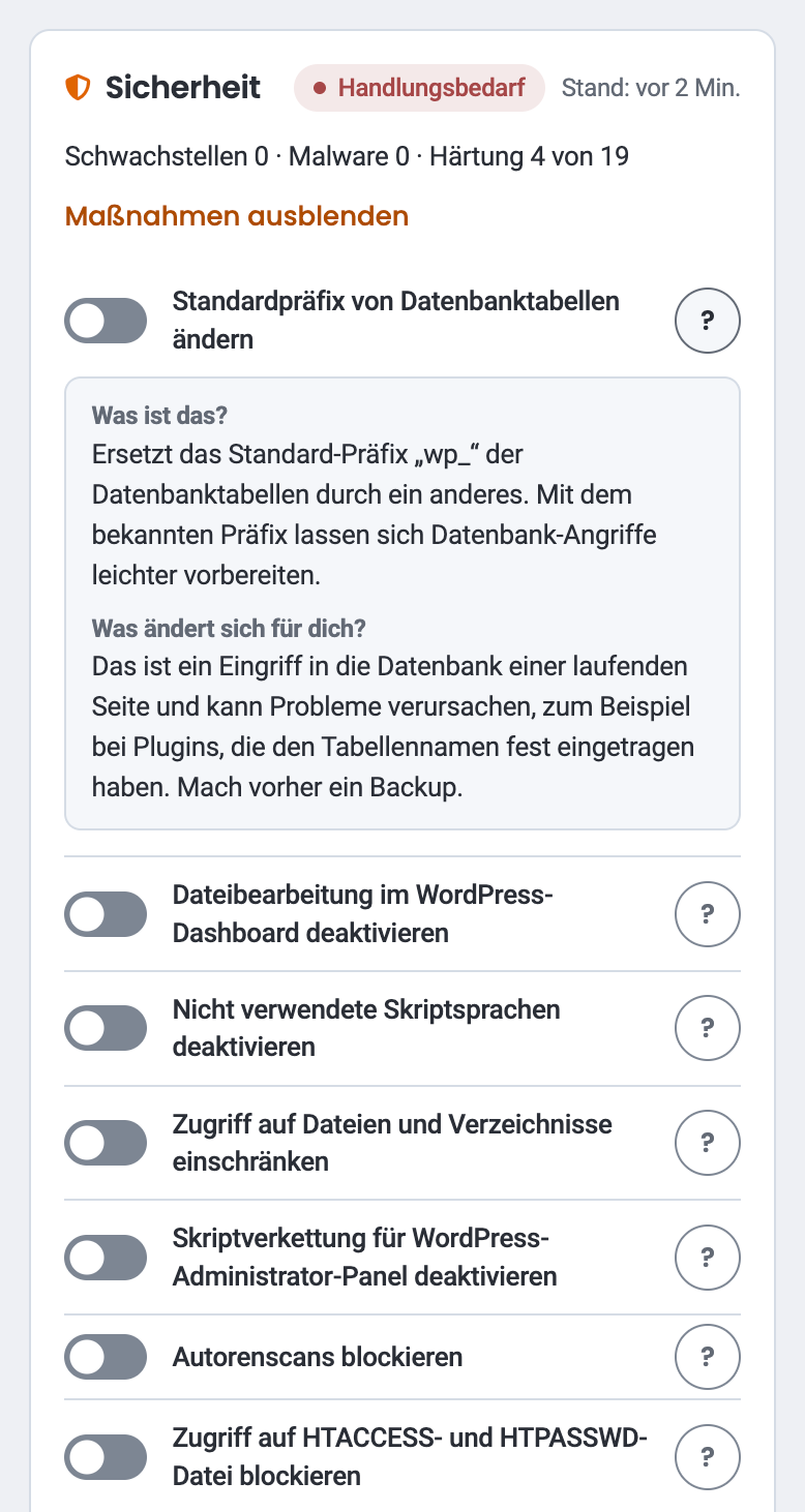 Karte Sicherheit im WP-Cockpit mit aufgeklappten Härtungsmaßnahmen und Erklärung