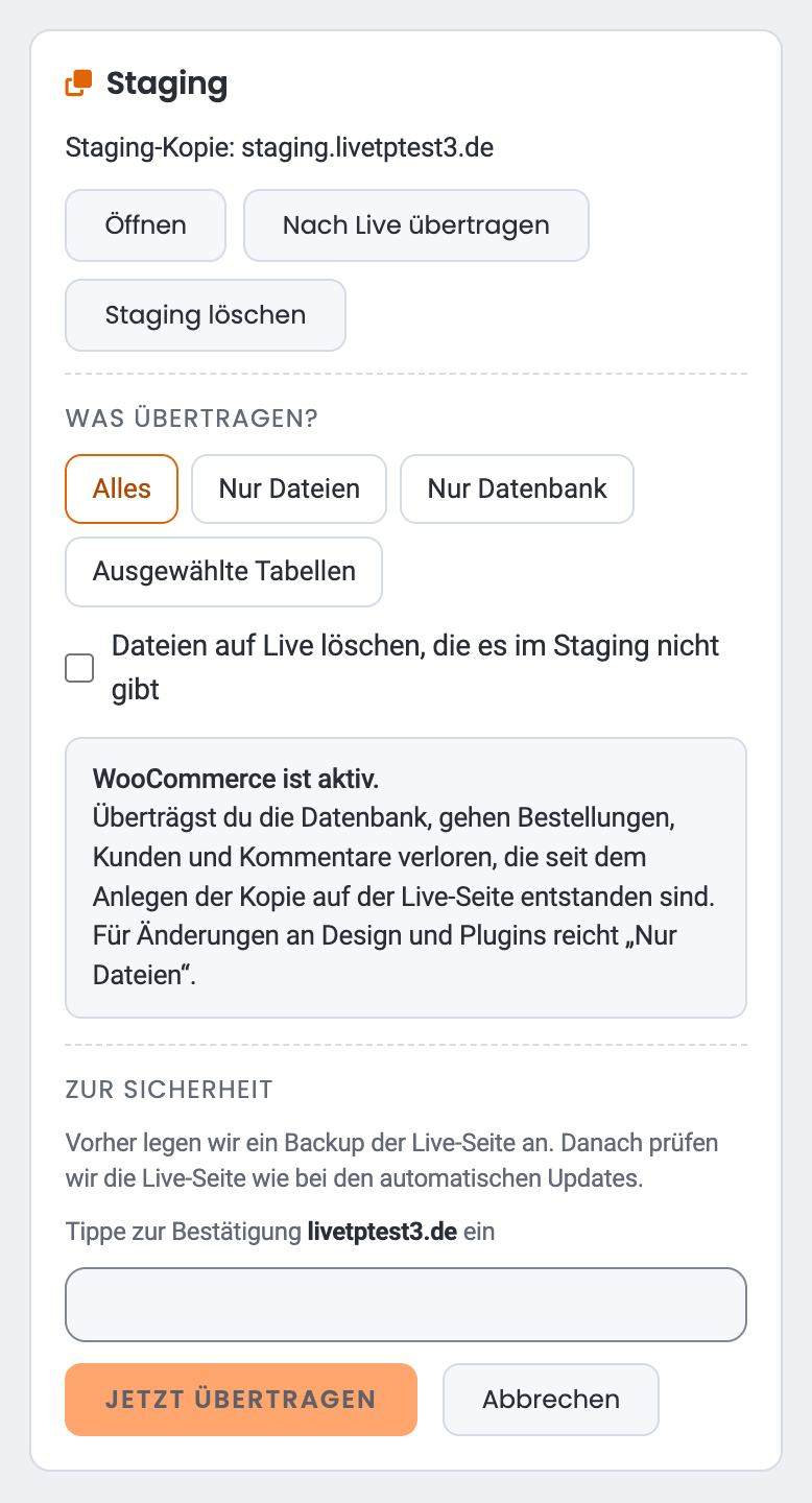 Staging im WP-Cockpit: Nach Live übertragen mit Auswahl und Bestätigungsfeld
