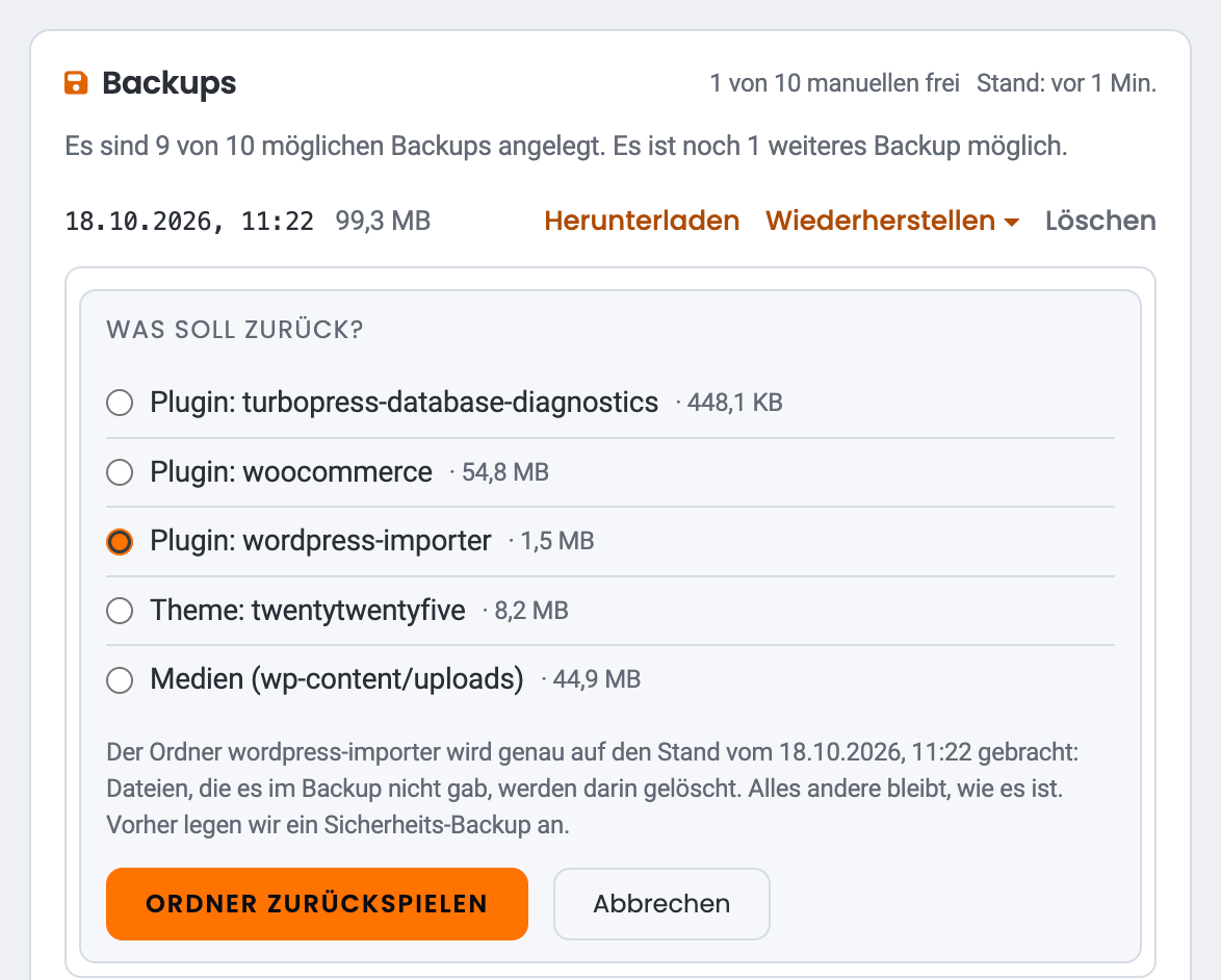 Backups im WP-Cockpit: Menü Wiederherstellen mit der Auswahl Einzelner Ordner
